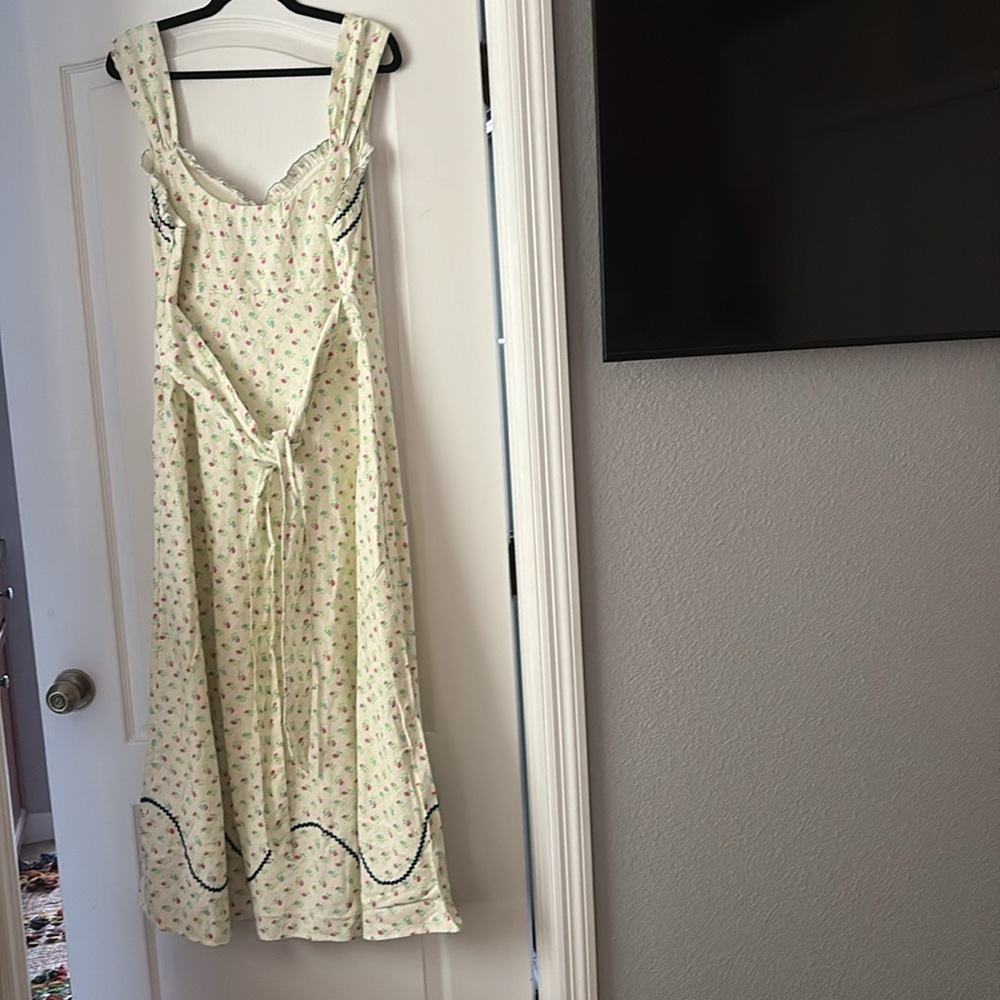 NWT Free People Cotton Sweetheart Tie Back Floral Maxi Dress w RicRac trim. Sz L - Picture 4 of 5